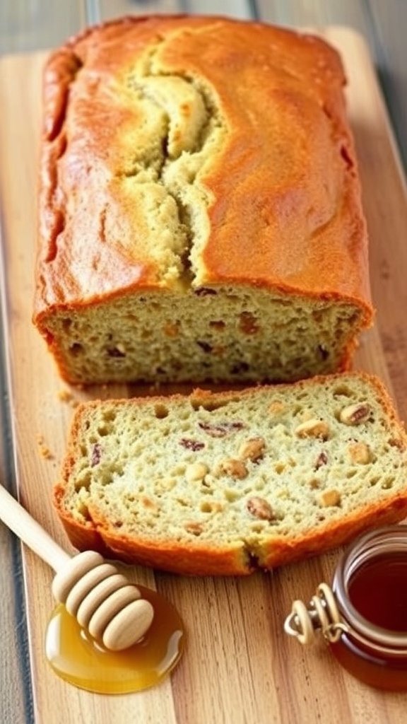 A loaf of honey banana bread sliced, showcasing its moist texture, with honey and a dipper on a wooden board.